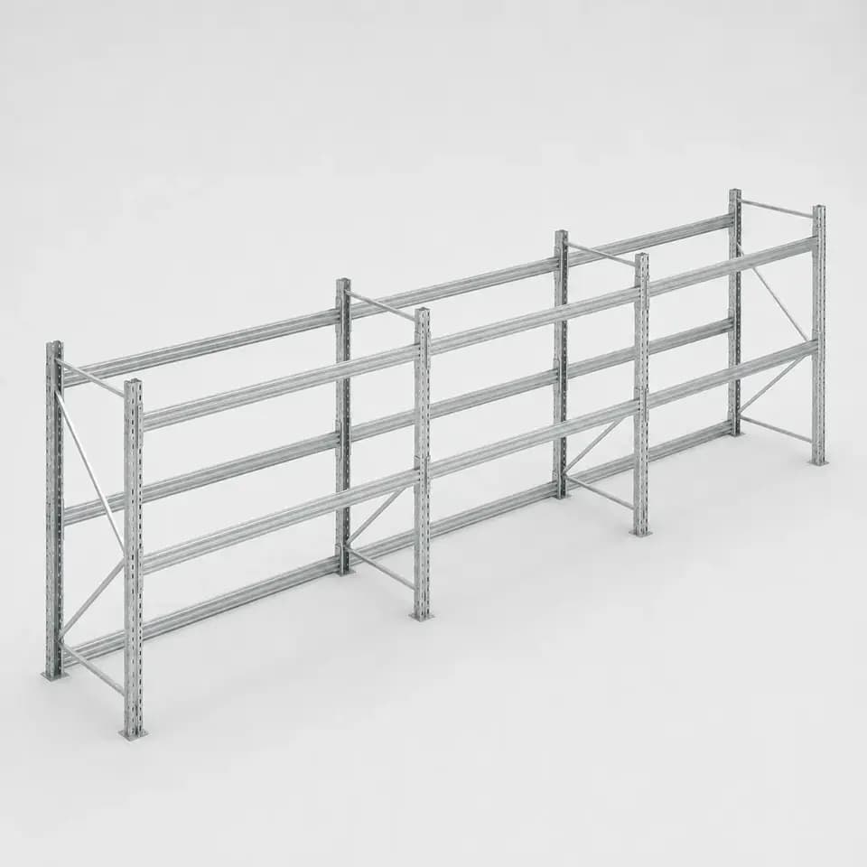 Стеллаж 70 × 1400 × 2850 · 3 секции / 3бл: промышленная товарная визуализация по исходному DWG