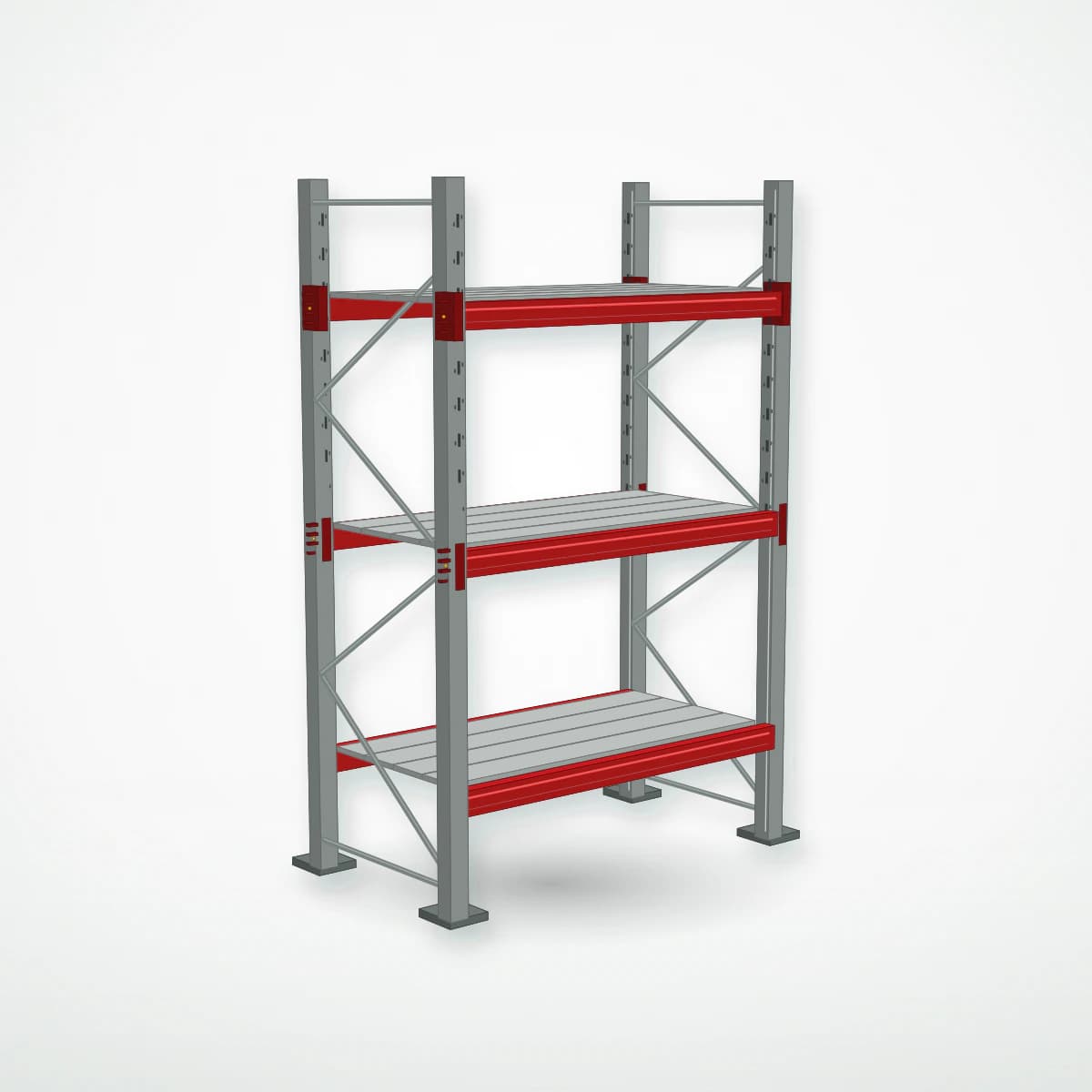 Паллетный фронтальный стеллаж с металлическими полками PF-DECK MET900, 2500×1530×785 мм, 3 ур., 900 кг/ур., основная секция — Maxstore: фотореалистичный вид без груза