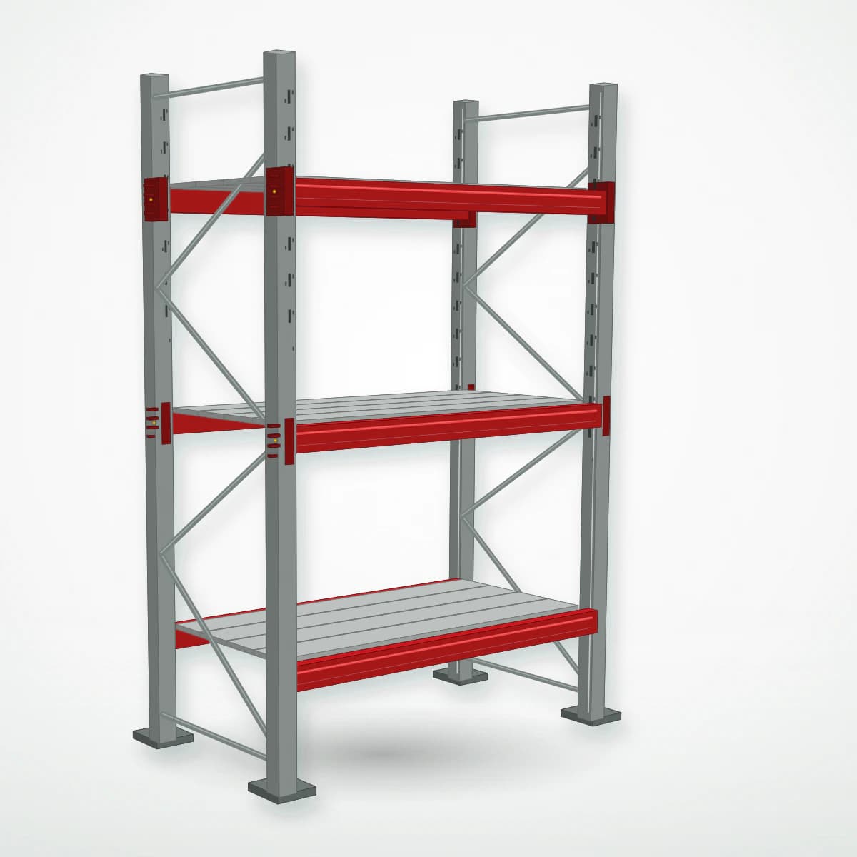 Паллетный фронтальный стеллаж с металлическими полками PF-DECK MET900, 2500×1530×785 мм, 3 ур., 900 кг/ур., основная секция — Maxstore: альтернативный складской ракурс