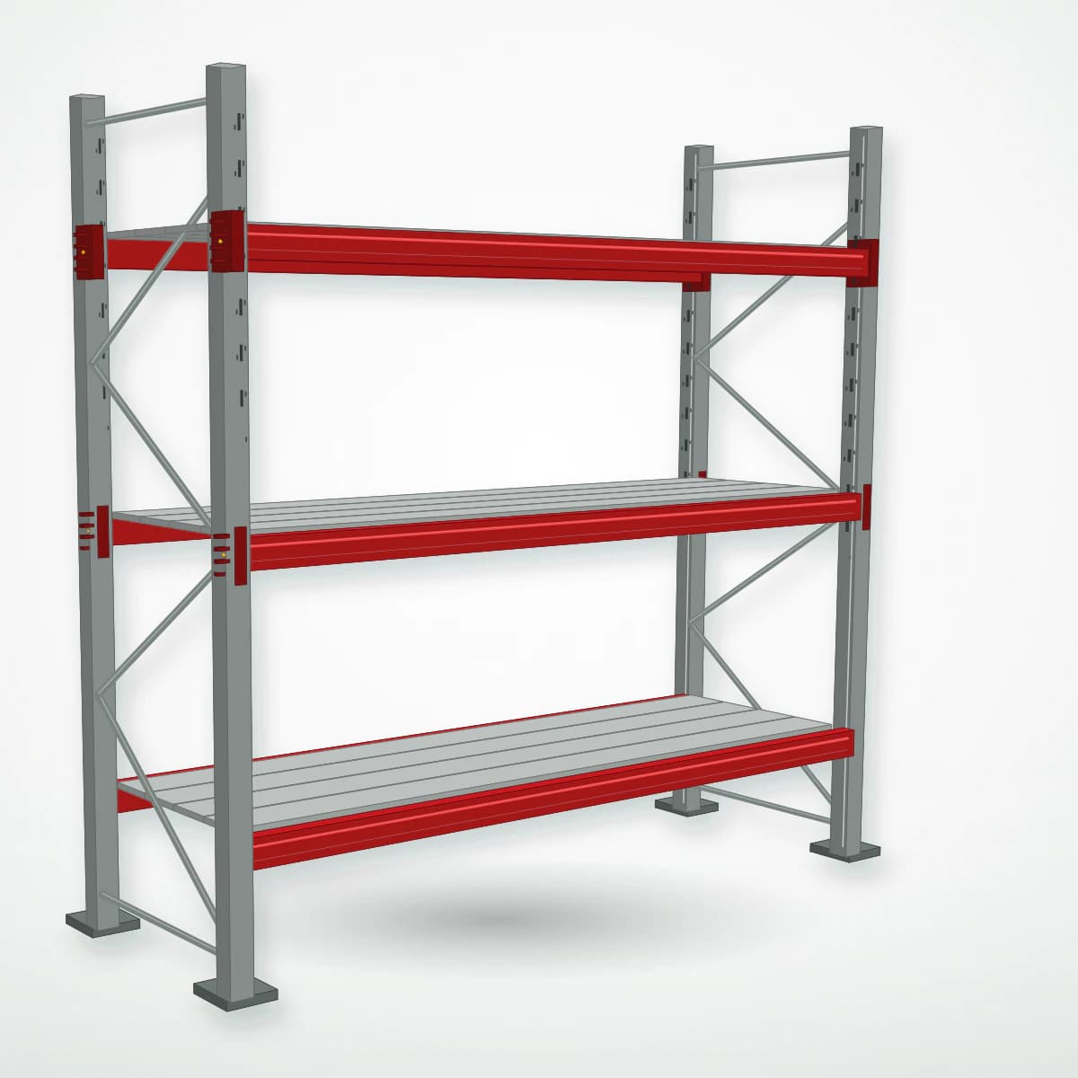 Паллетный фронтальный стеллаж с металлическими полками PF-DECK MET900, 2500×2500×785 мм, 3 ур., 850 кг/ур., основная секция — Maxstore: альтернативный складской ракурс